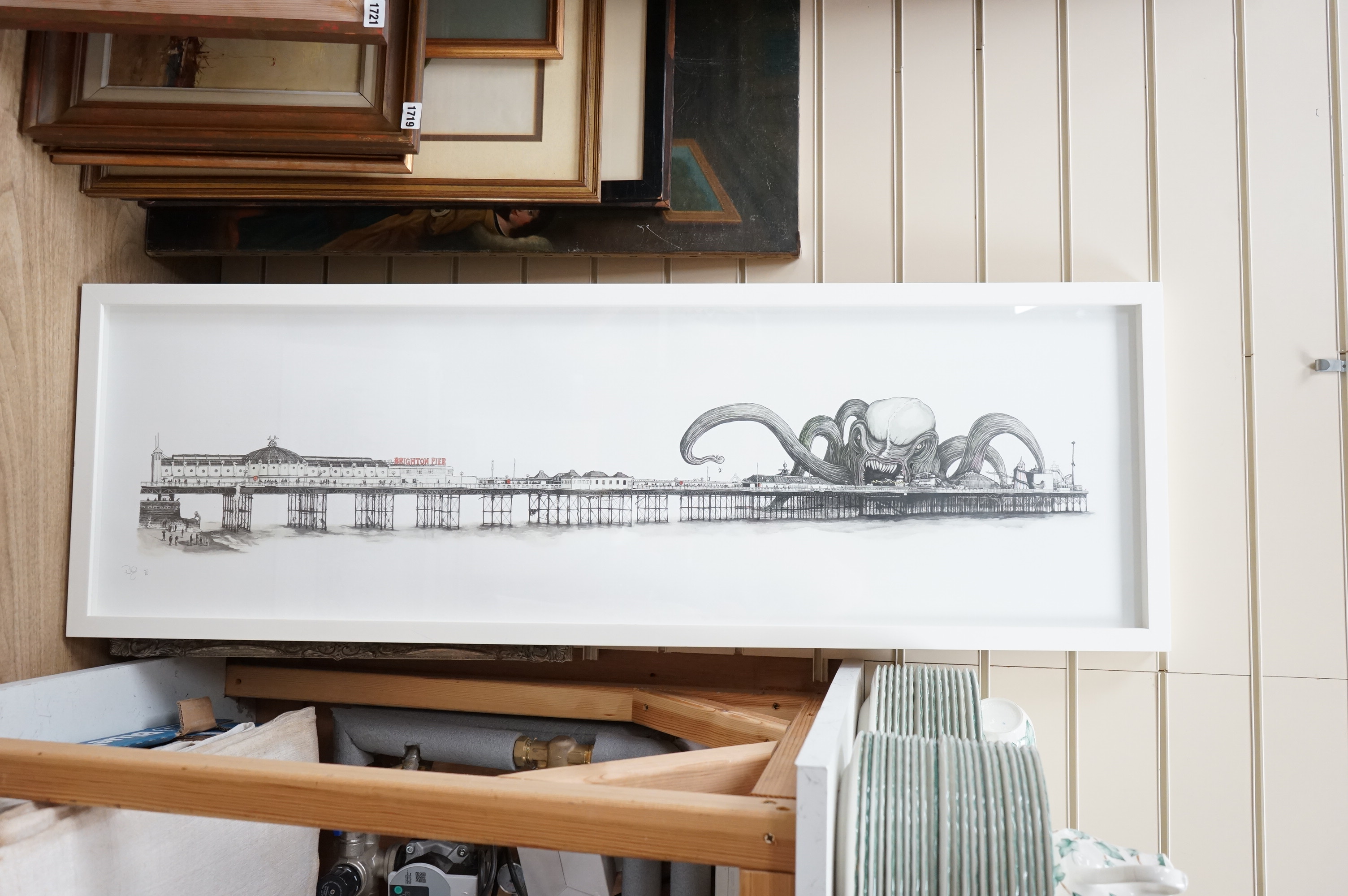 Richard Berner (contemporary), gicleé print, 'The fish mans secret ascent, Brighton Pier', signed in pencil and limited edition 42/50, 37 x 123cm